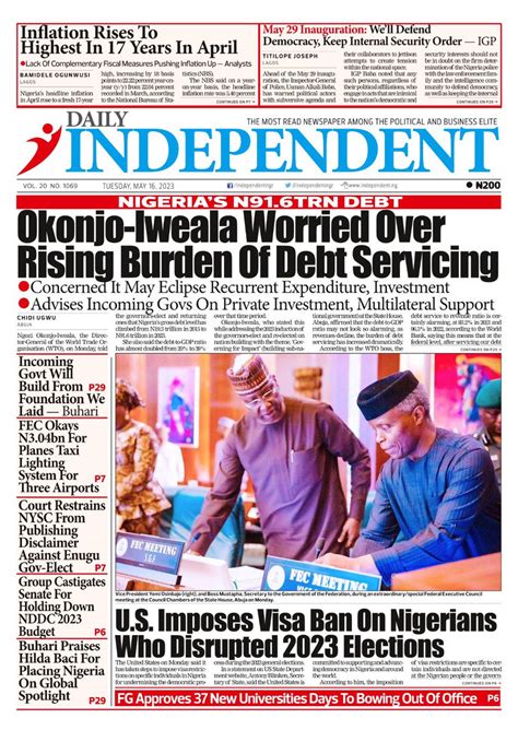 Independent Nigeria on Twitter: "Just published: front page of Daily Independent Newspaper for ...