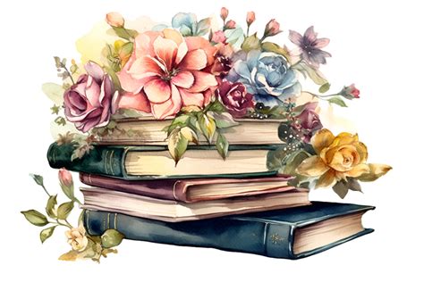 Vintage Books Stacked with Flowers Watercolor Clipart 23397322 PNG