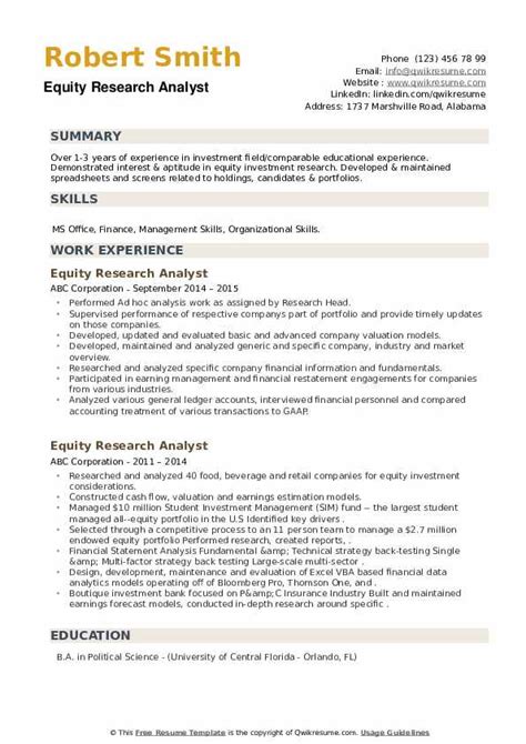 Equity Research Analyst Resume Samples | QwikResume