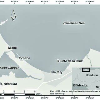 Map of Tela on the northern coast of Honduras and the villages ...