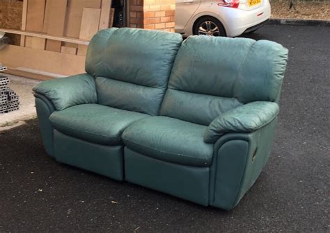 Green Leather Reclining Sofa, REDUCED, as new, only 2 years old, hardly used, priced for quick ...