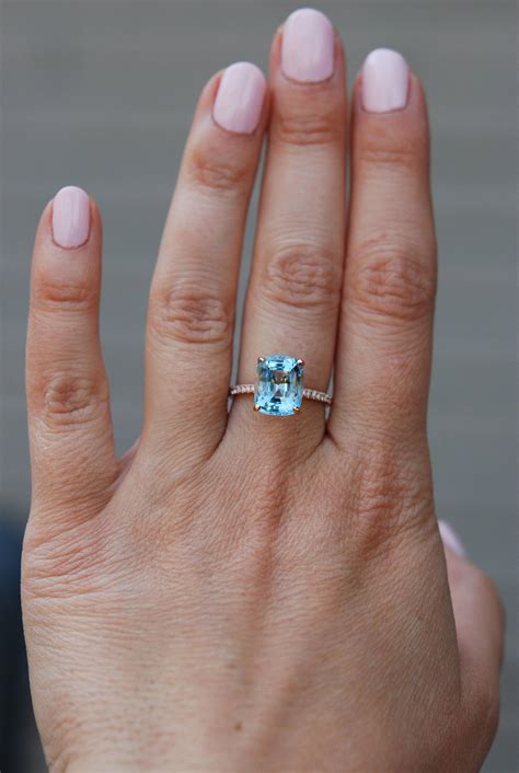 Aquamarine Engagement Ring 14k Rose Gold Ring 3.47ct Seafoam Blue Green cushion cut aquamarine ...