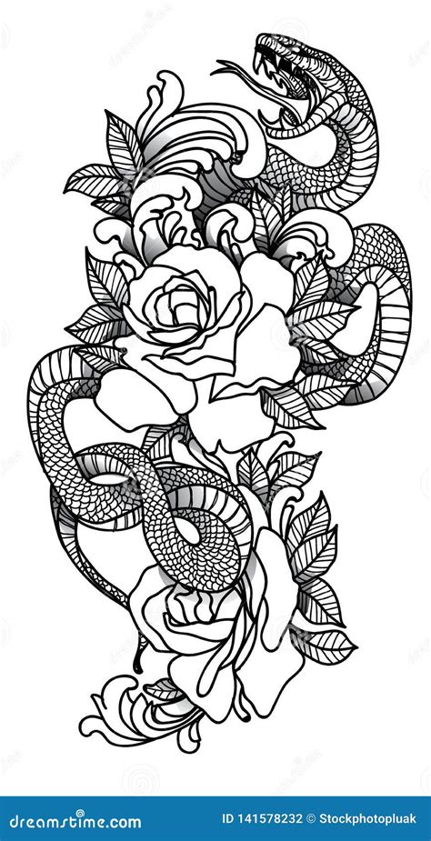 Tattoo Art Snake Hand Drawing And Sketch Black And White Vector ...