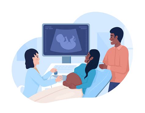 Pregnant woman undergoing ultrasound scan with partner 2D vector isolated illustration. Flat ...