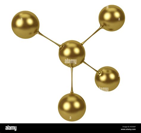 3d rendering illustration. Gold polished molecule model abstract concept. Molecular shape ...