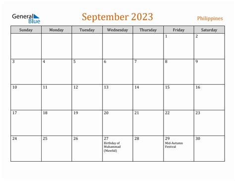 September 2023 Monthly Calendar with Philippines Holidays