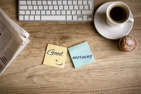 Good morning. Top view of work desk in morning, concept - good morning ...