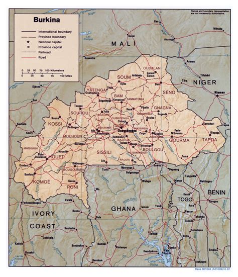 Large detailed political and administrative map of Burkina Faso with relief, roads, railroads ...