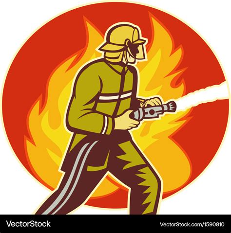 Firefighter fireman with water hose fighting fire Vector Image