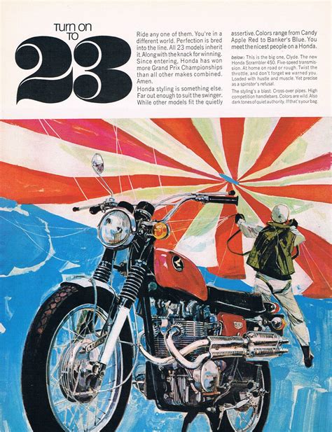 Turn on to 23 | 1960s Honda Scrambler 450 #Ad #Vintage #motorcycle #advertisement #japan ...