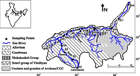 Geological map of Son River basin with sampling locations. | Download ...