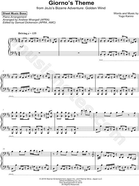 Sheet Music Boss "Giorno's Theme" Sheet Music (Piano Solo) in B Minor - Download & Print - SKU ...