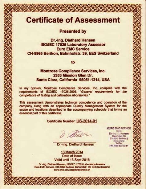 ISO/IEC 17025 Assessment Certificate - Montrose Compliance Services