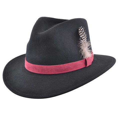 Mens Ladies 100% Wool Felt Crushable Fedora Trilby Hat Feather Black ...