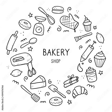 Hand drawn set of baking and cooking tools, mixer, cake, spoon, cupcake ...