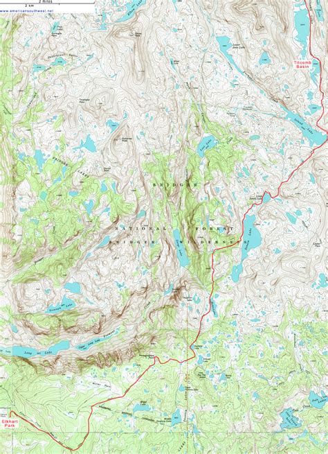 Topographic Map of the Trail to Titcomb Basin, Wyoming