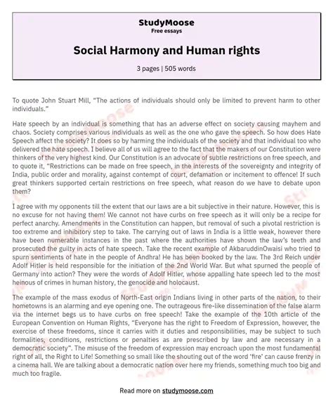 Social Harmony and Human rights Free Essay Example