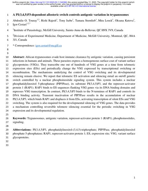 (PDF) A PI(3,4,5)P3-dependent allosteric switch controls antigenic variation in trypanosomes