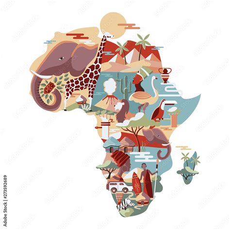 Africa map with wild life animals and traditional culture Stock Vector ...