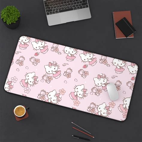 Hello Kitty Mouse Pad Hello Kitty Pink Strawberry and Teddy Bear Sanrio Desk Mat Gaming Setup ...