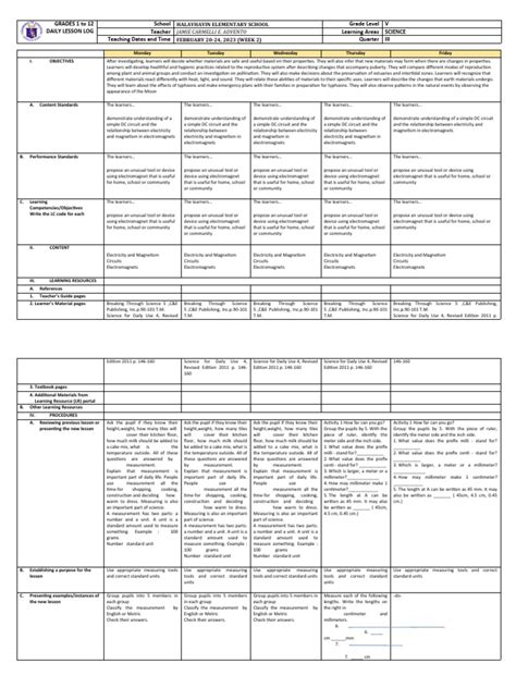 Grade 5 DLL SCIENCE 5 Q3 Week 2 | PDF | Weight | Mass