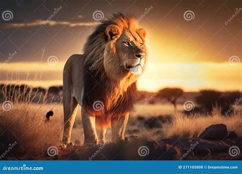 Lion at Savanna on Sunset Sky Background. Animal and Nature Environment ...