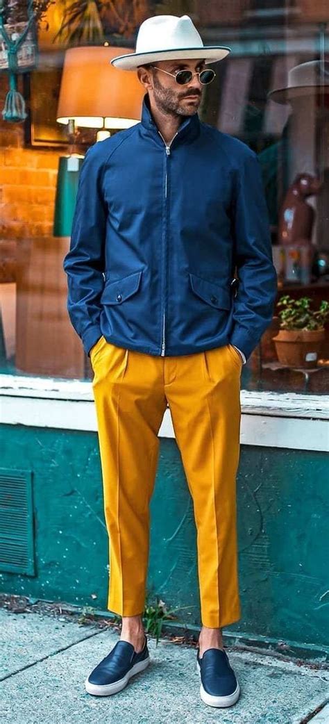 Yellow Pant, Men's Outfits Ideas With Dark Blue And Navy Harrington Jacket, Mustard Pants Mens ...