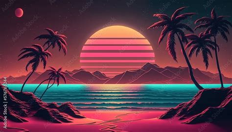 Beach retro wave or synthwave background, retro summer sunset wallpaper ...