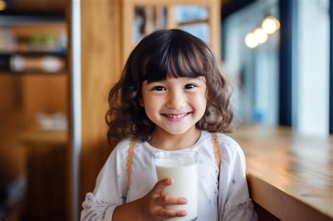 Premium AI Image | Cute mixed race little girl sitting at kitchen table with glass of milk in hand