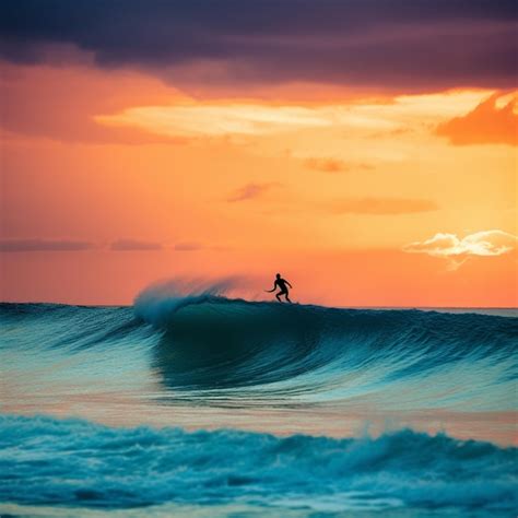 Premium Photo | A surfer rides a wave at sunset with a colorful sky ...