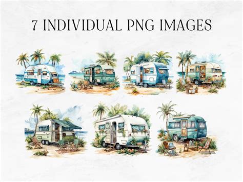 7 Beachside Camping Clipart, Watercolor Camping Scene Clipart, Commercial Use, Cute Camping ...