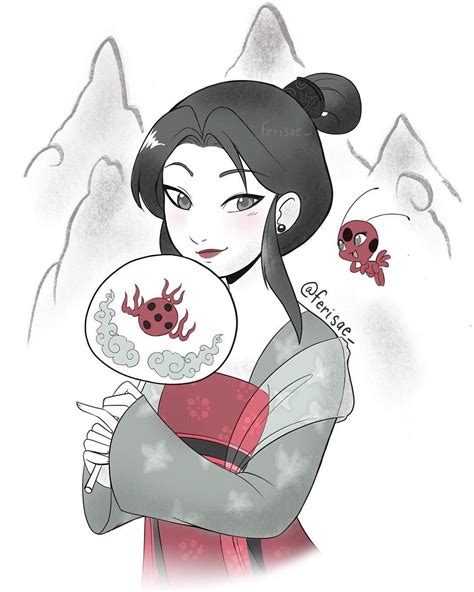 a woman holding a plate with a ladybug on it in front of mountains