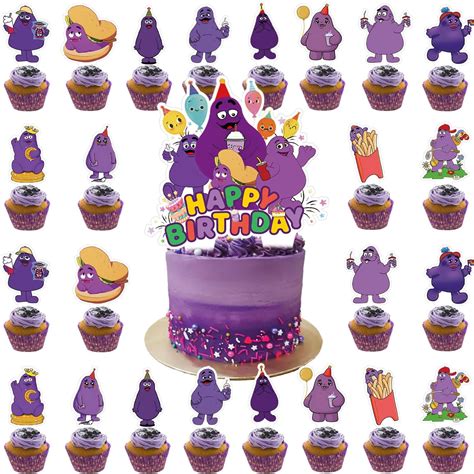 Amazon.com: 37Pcs Grimace Cake Decorations with 1Pcs Cake Topper, 36 Pcs Cupcake Toppers for ...