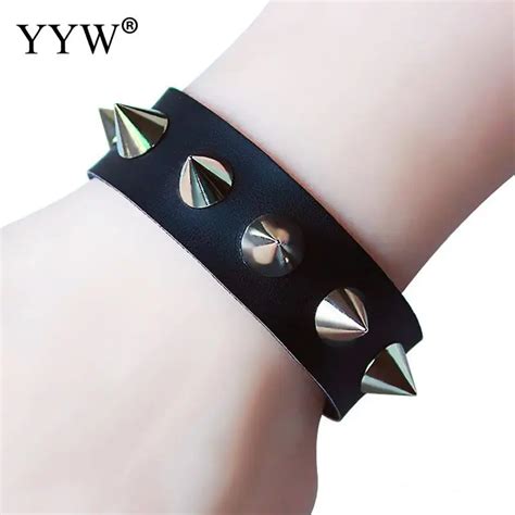 Unisex Metal Cone Stud Spikes Rivet PU Leather Biker Wristband Wide Cuff Punk Rock Bracelets ...