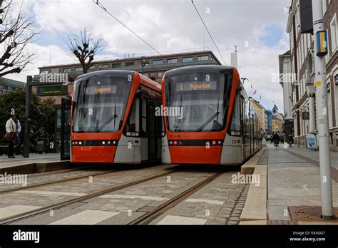 Bybanen Bergen Light Rail on its way from the city center, bound south in Bergen, Norway Stock ...