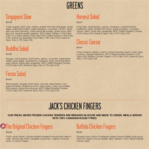 Jack Astor's Menu Prices