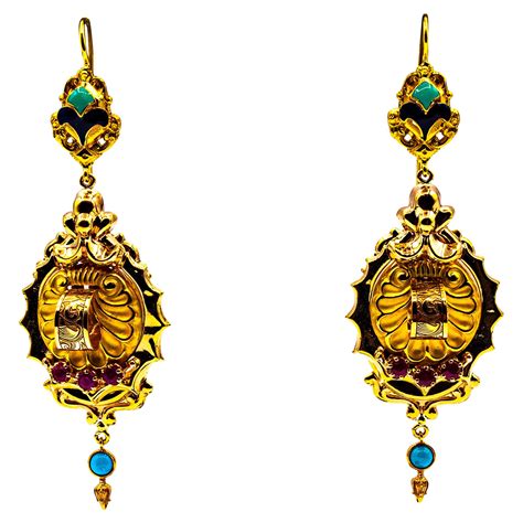 Art Deco Style 0.60 Carat Emerald Turquoise Enamel Yellow Gold Drop Earrings For Sale at 1stDibs