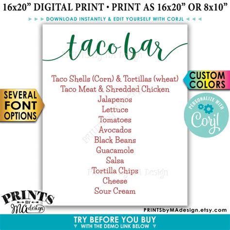 Taco Bar Menu Sign Fiesta Party Menu Custom PRINTABLE - Etsy