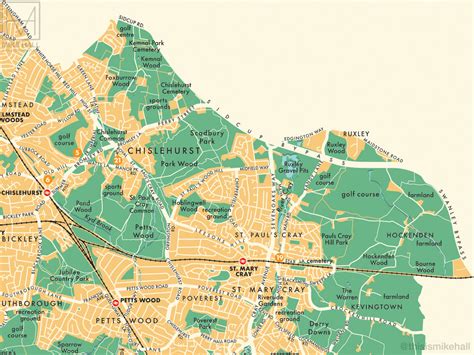 Bromley (London borough) retro map giclee print – Mike Hall Maps ...