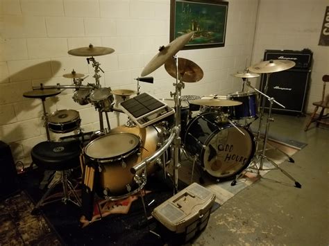 My new band's percussion setup : r/drums