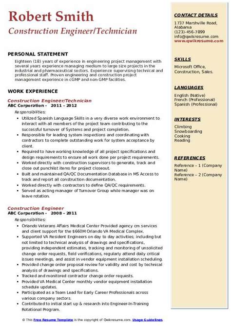 Construction Engineer Resume Samples | QwikResume