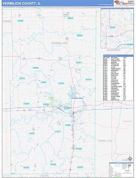 Vermilion County, IL Zip Code Wall Map Basic Style by MarketMAPS