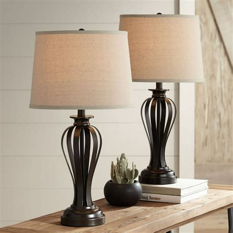 Regency Hill Modern Table Lamps Set of 2 Open Profile Bronze Fabric Drum Shade for Living Room ...
