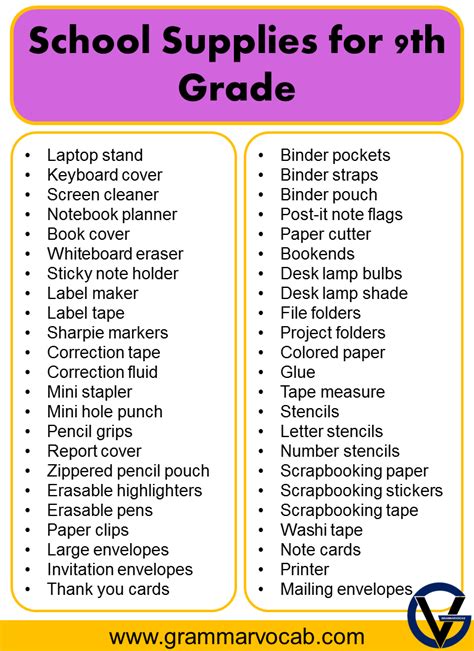 List of School Supplies for 9th Grade - GrammarVocab