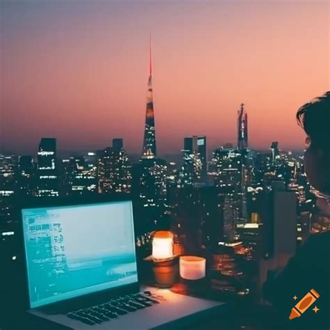 Laptop wallpaper of a boy studying with tokyo skyline