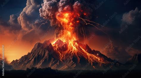 Volcano eruption at night. Natural disaster, volcano explosion. Lava ...