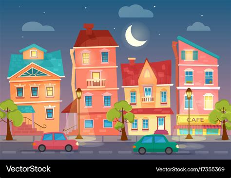 Cartoon city street at night street lights Vector Image