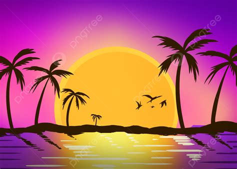 Golden Cartoon Sun Summer Beach Coconut Tree Sunset Background, Beach, Sunset Background, Summer ...