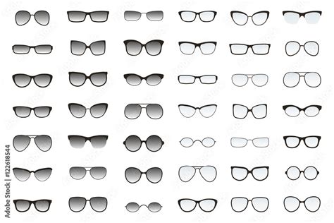 Kinds of sunglasses. Many types of glasses. Fashion collection. Forms of fashionable spectacles ...