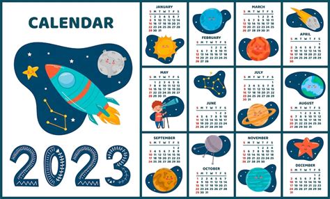 Premium Vector | Space calendar planner 2023 Weekly scheduling planets space objects Week starts ...